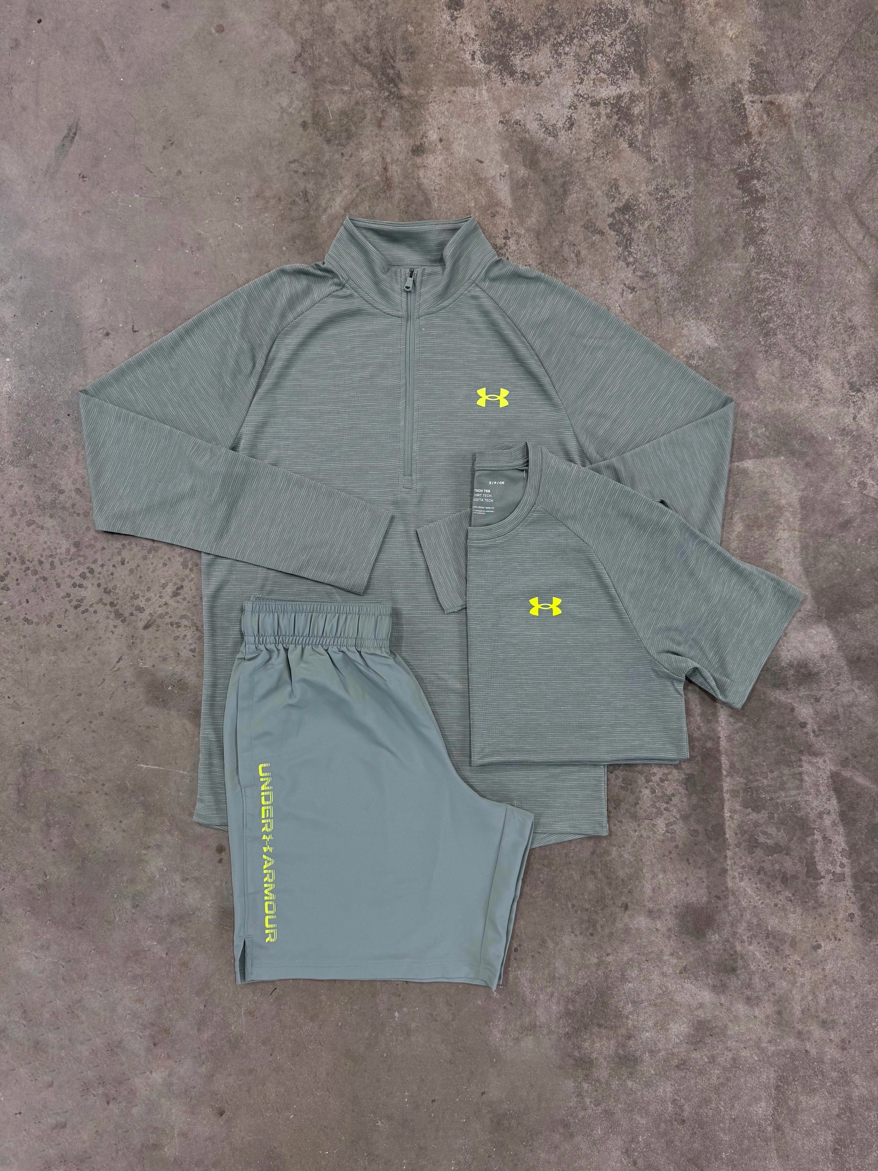 Under Armour Textured Silica Green 3 Piece Set - Quarter Zip / T Shirt / Short