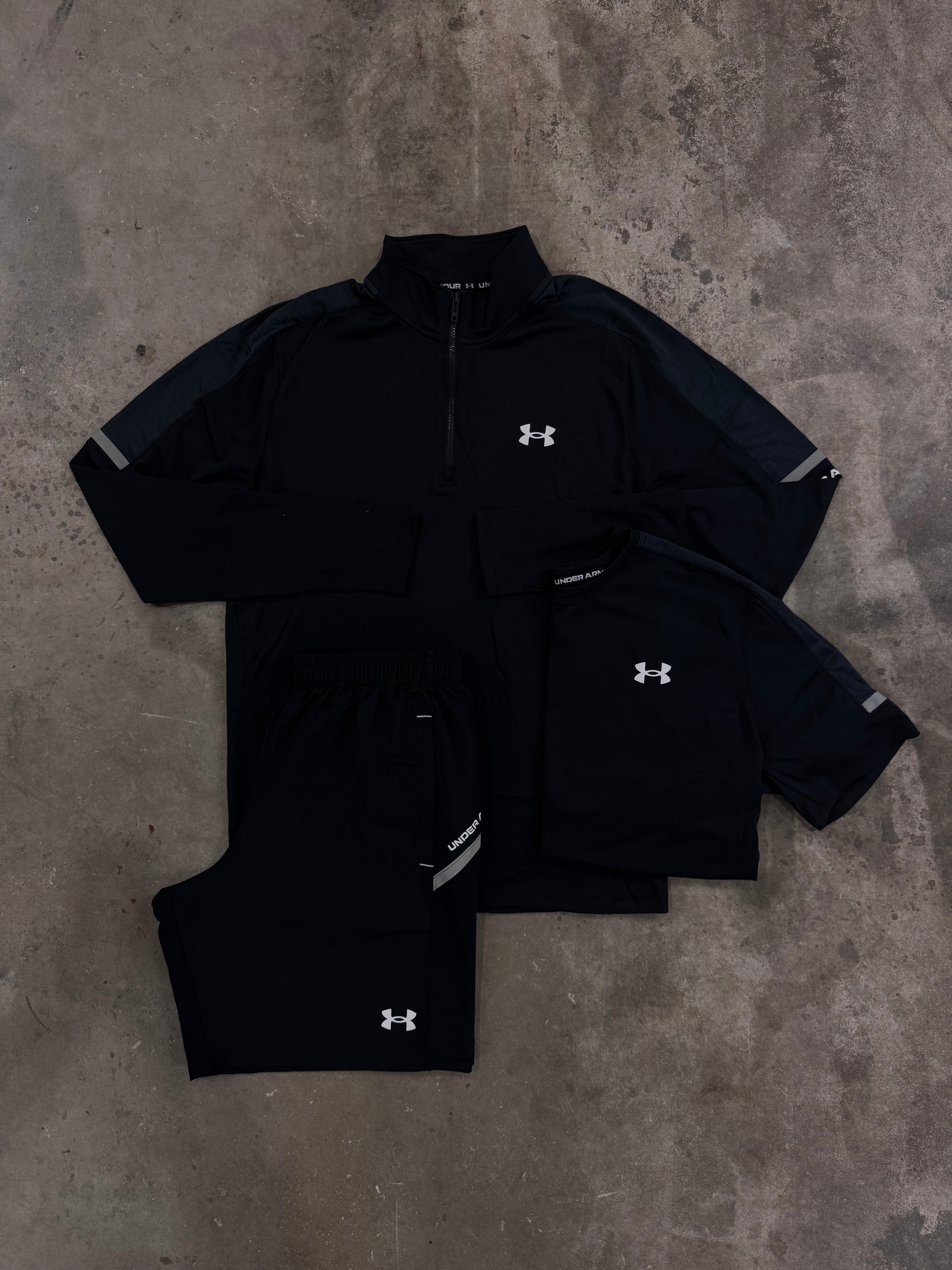 Under Armour Black Tech Utility 3 Piece Set - Quarter Zip / T Shirt / Short