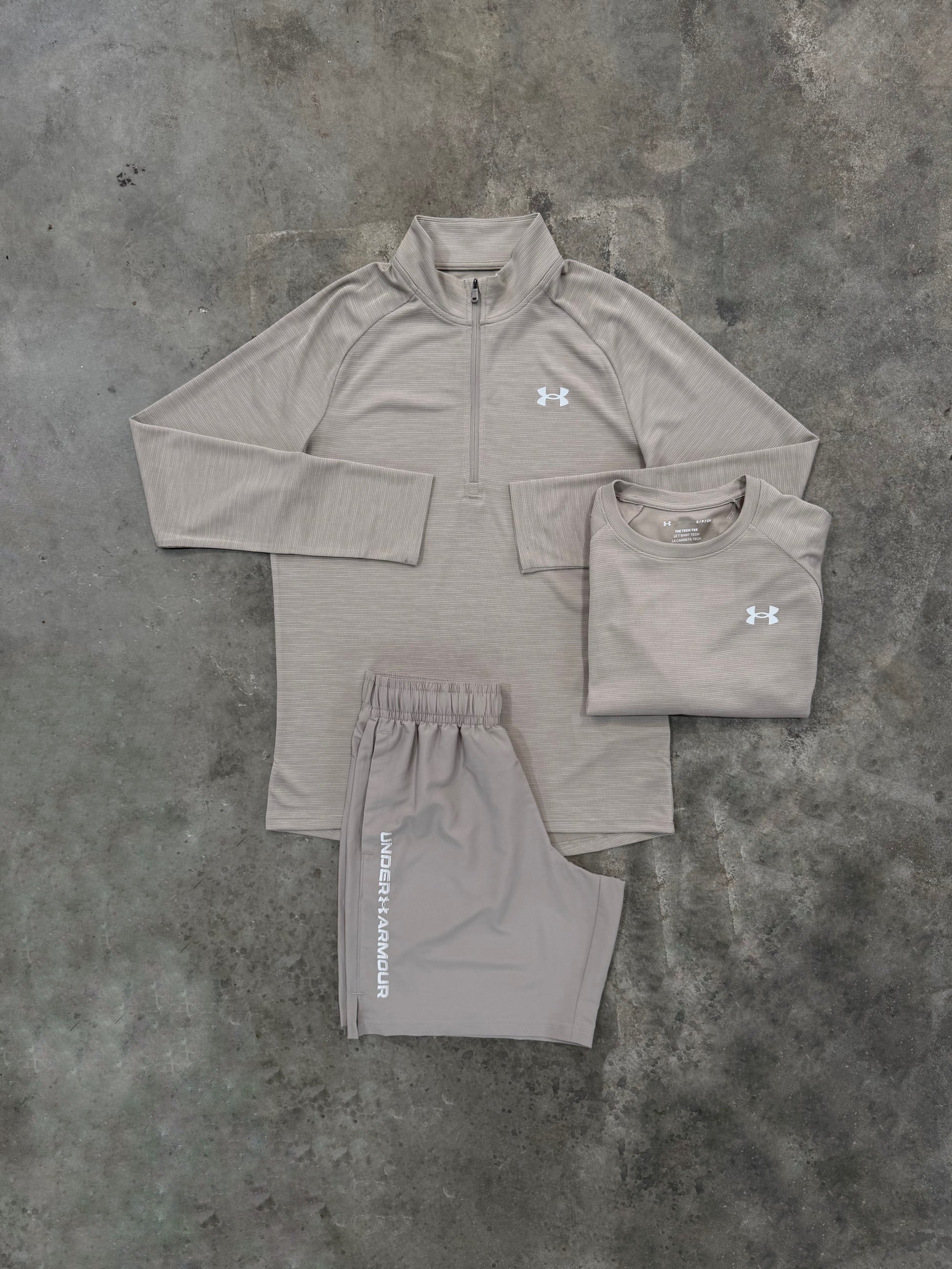 Under Armour Textured Brown 3 Piece Set - Quarter Zip / T Shirt / Short from DripModa